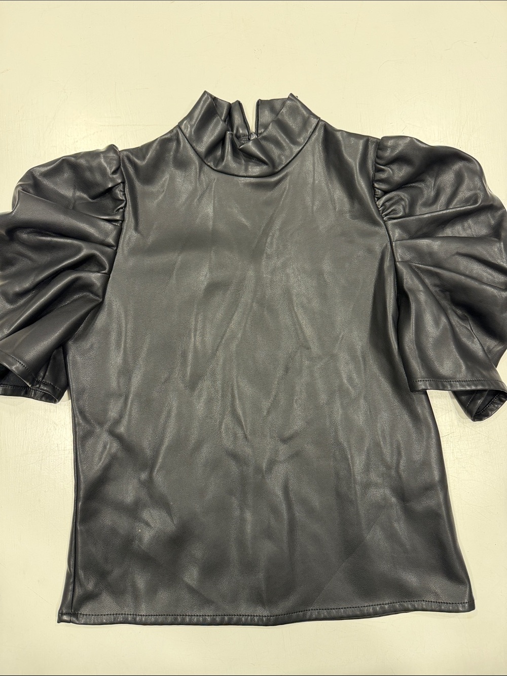 Mock Neck Puff Sleeve Faux Leather Top - Black